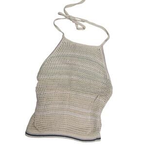 Free People Crochet Halter Top 🤍 Boho Knit • Beige & Pink Stripes
